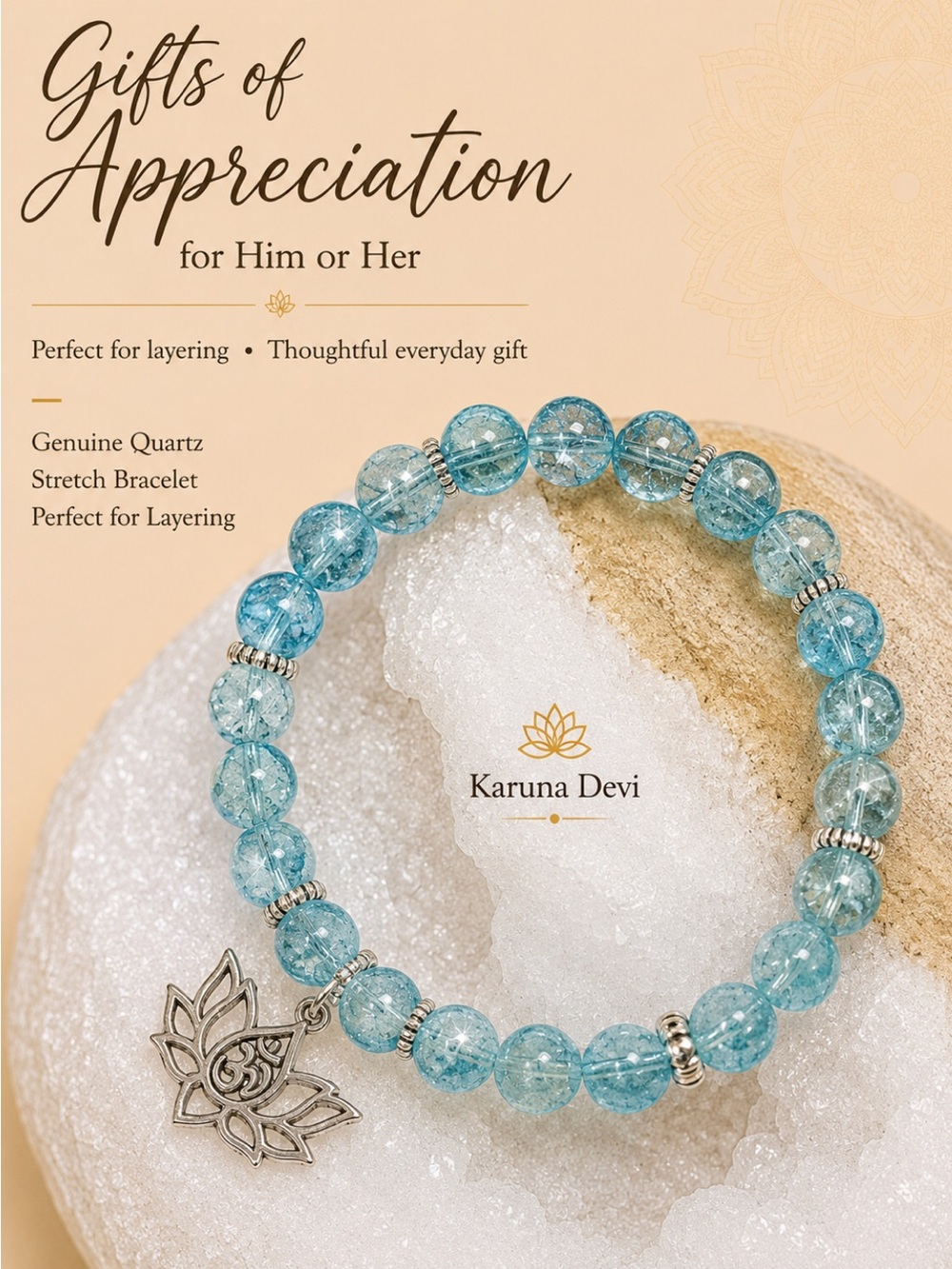 Quartz, Genuine,  Hand Beaded Lotus/Om Pendant Bracelet